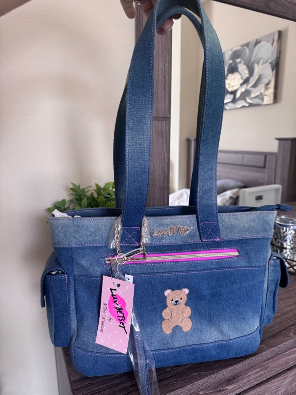 BETSEY JOHNSON DENIM TOTE BAG. TEDDY BEAR EMBROIDERY AND CHARM. SIDE POCKETS